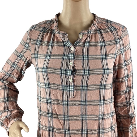 LOFT Pink Plaid Split Neck Blouse Long Sleeve Rayon XS - Picture 2 of 7